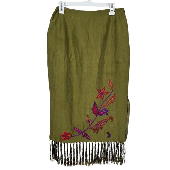 Vintage CLIO 100% Silk Skirt Size 10 Green Floral Embroidered Fringe Split Boho - Picture 1 of 9